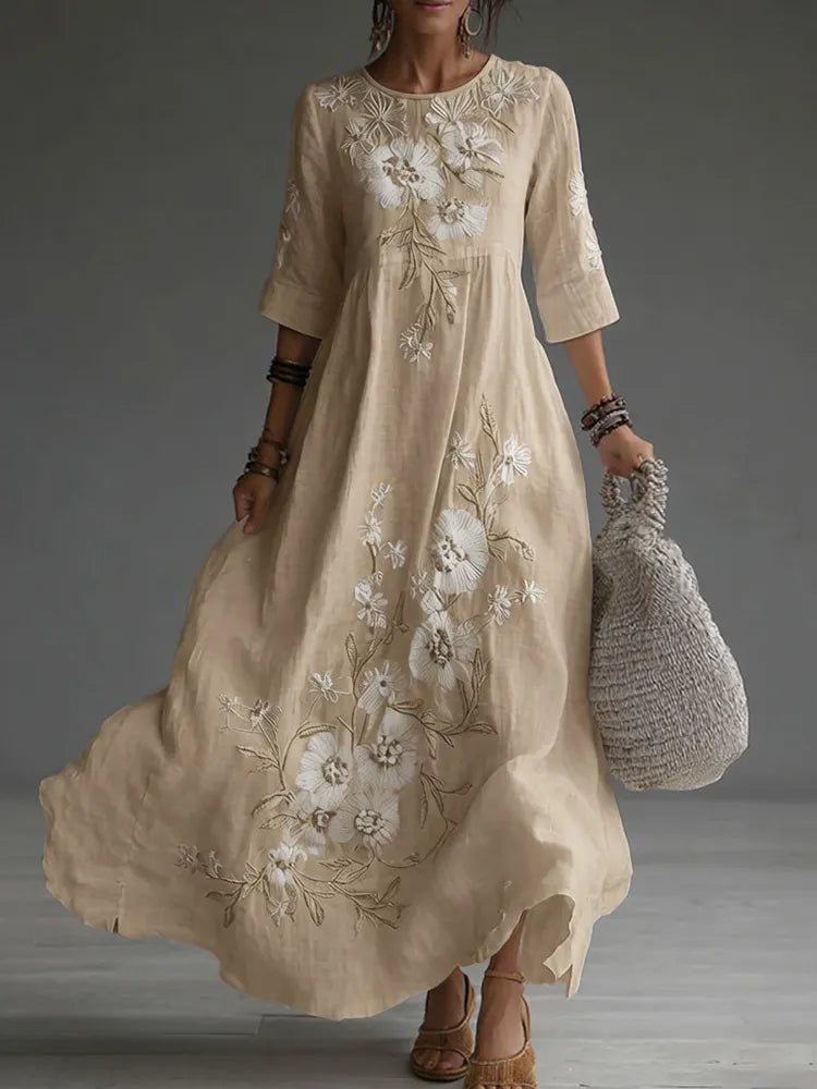 Vestido maxi de lino casual con bordado floral japonés