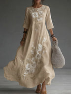 Vestido maxi de lino casual con bordado floral japonés