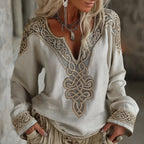 Camisa de lino vintage con bordado de nudo céltico vikingo