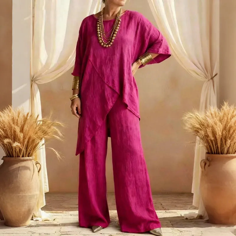 Conjunto de dos piezas top y pantalón de mezcla de lino fluido con diseño de doble capa