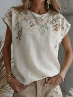 Camiseta de mezcla de lino con estampado floral rama artístico retro para mujer