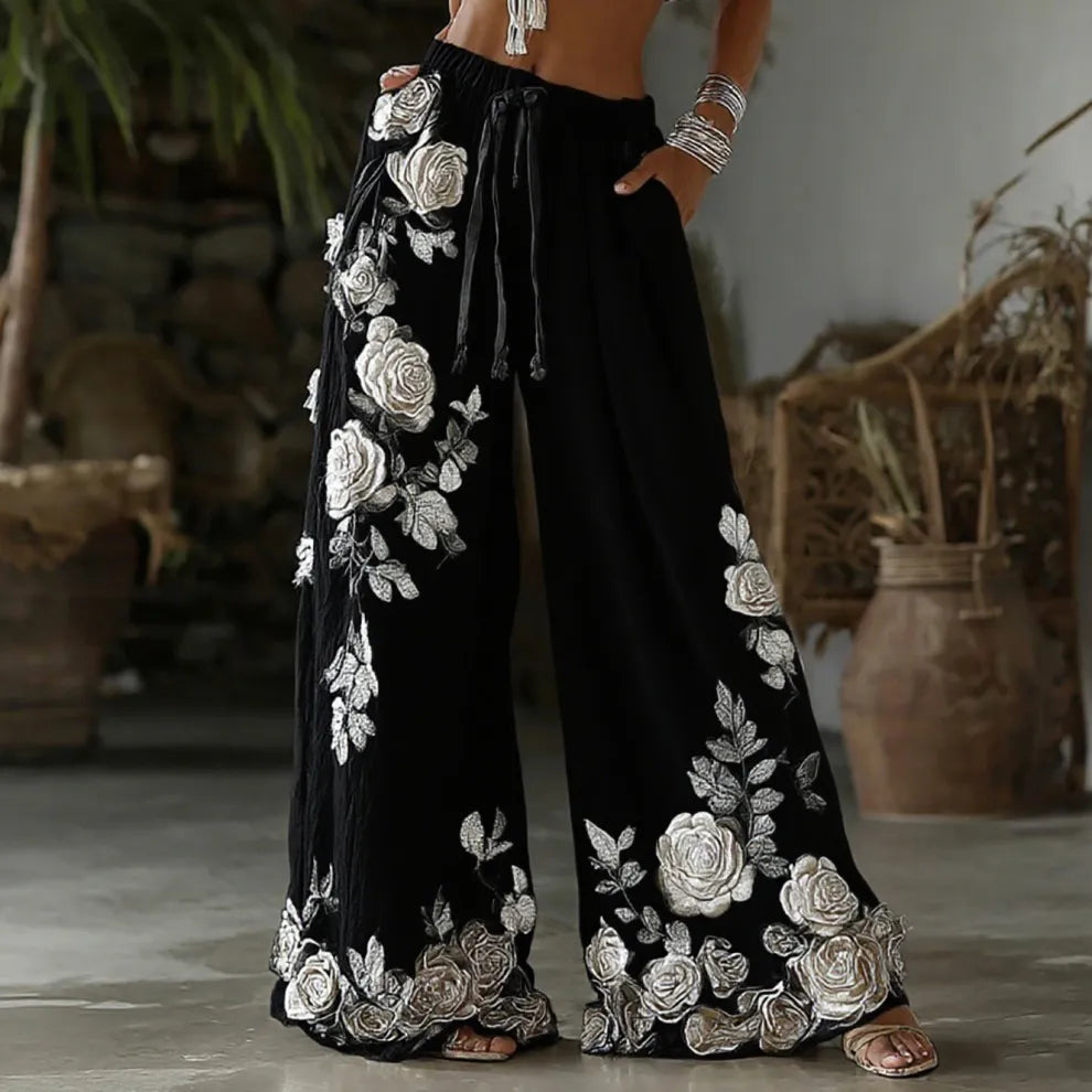 Calças Casuais De Linho Retro Com Bordado Floral Para Mulher