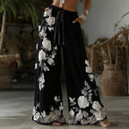 PANTALONES CASUALES DE LINO RETRO CON BORDADO FLORAL PARA MUJER