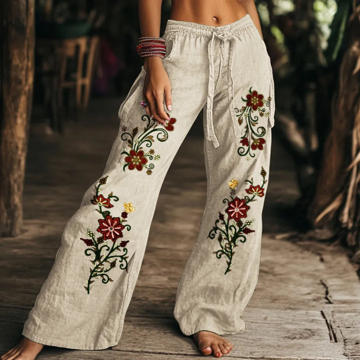 Pantalones Anchos De Algodón Y Lino Con Estampado Floral Vintage