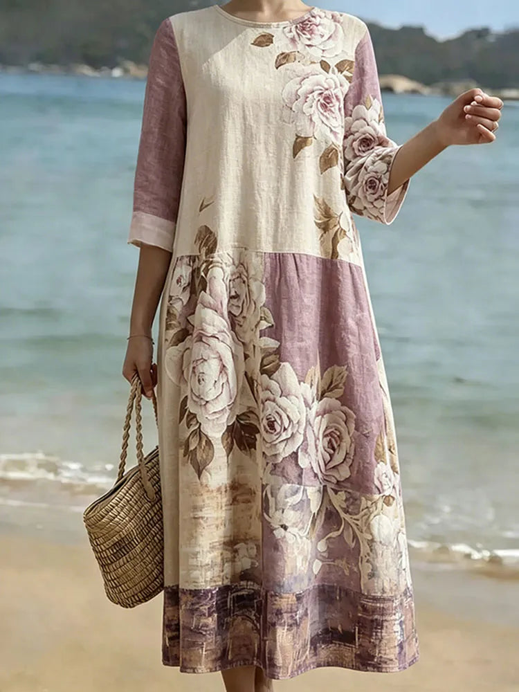 Vestido Retro de Gola Redonda com Estampado Floral Artístico