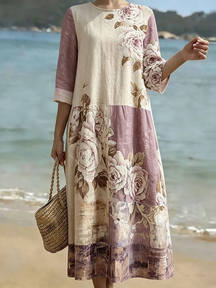 Vestido Retro de Gola Redonda com Estampado Floral Artístico