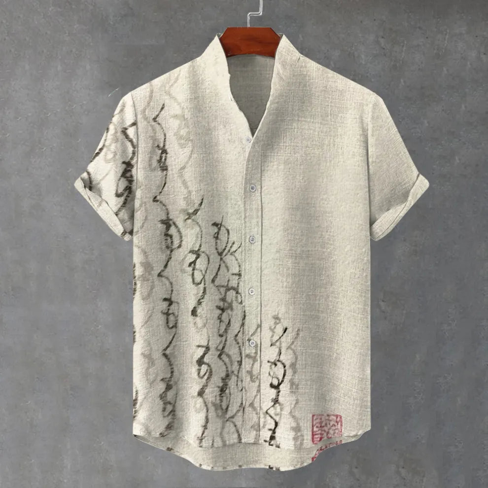 CAMISA DE LINO VINTAGE ACOGEDORA CON ARTE DE CALIGRAFÍA JAPONESA EN TINTA