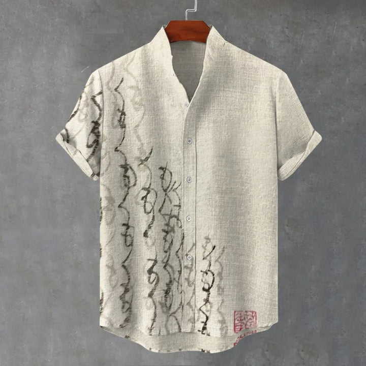 Camisa De Linho Vintage Aconchegante Com Arte De Caligrafia Japonesa Em Tinta