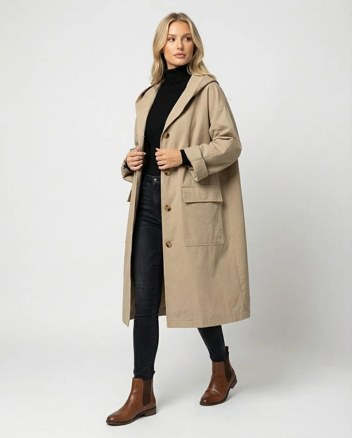 NÚRIA | GABARDINA IMPERMEABLE LARGA MUJER CON CAPUCHA