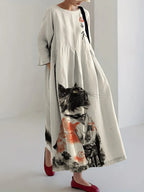 Vestido midi retro estampado gato japonés manga larga