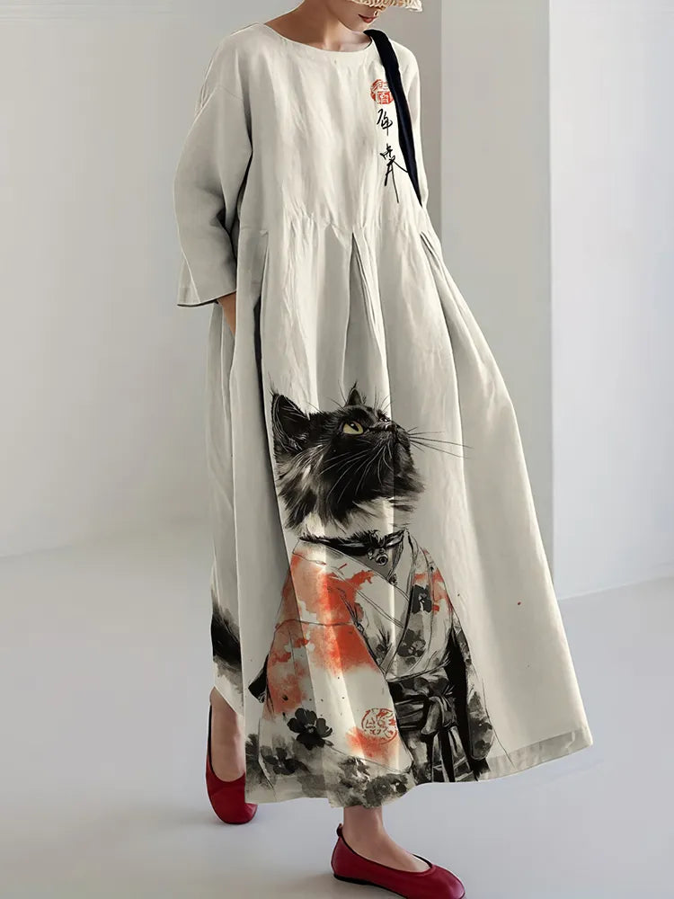 Vestido midi retro estampado gato japonés manga larga