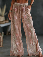 PANTALONES CASUALES DE LINO MIXTO CON ESTAMPADO FLORAL BORDADO VINTAGE DE PRIMAVERA PARA MUJER