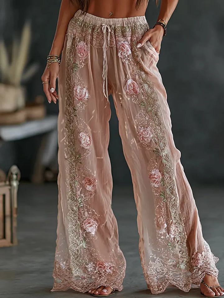 Pantalones Casuales De Lino Mixto Con Estampado Floral Bordado Vintage De Primavera Para Mujer