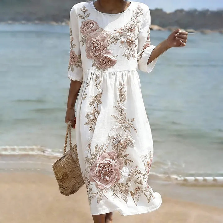 Vestido Holgado De Manga Tres Cuartos Con Estampado Floral En Mezcla De Lino Para Mujer