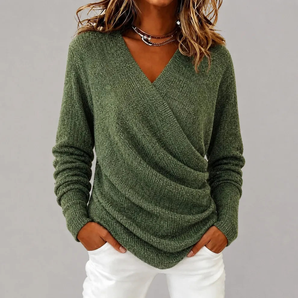 Jersey De Punto Con Cuello En V - Color Liso Casual Y Versátil