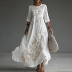 Vestido maxi de lino casual con bordado floral japonés