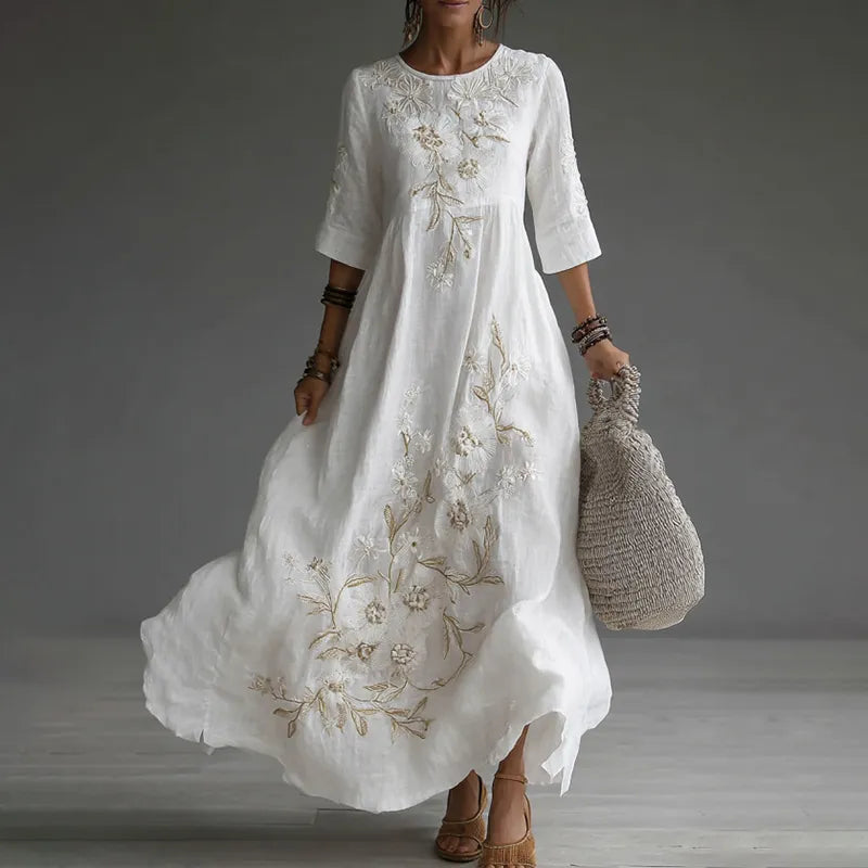 Vestido maxi de lino casual con bordado floral japonés