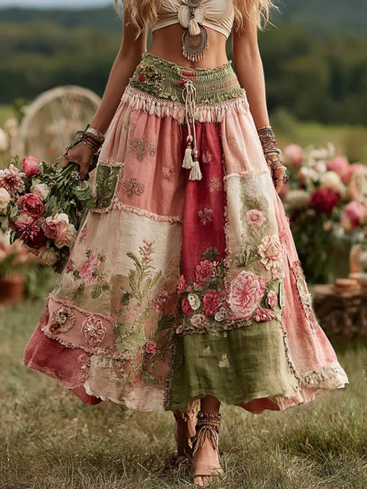 Falda De Lino Fluida Vintage Boho Con Patchwork De Rosas Y Flores