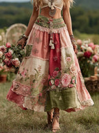 FALDA DE LINO FLUIDA VINTAGE BOHO CON PATCHWORK DE ROSAS Y FLORES