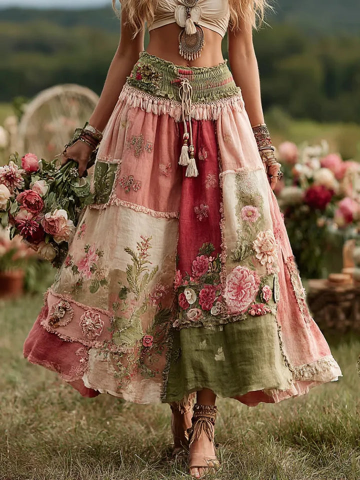 Falda De Lino Fluida Vintage Boho Con Patchwork De Rosas Y Flores