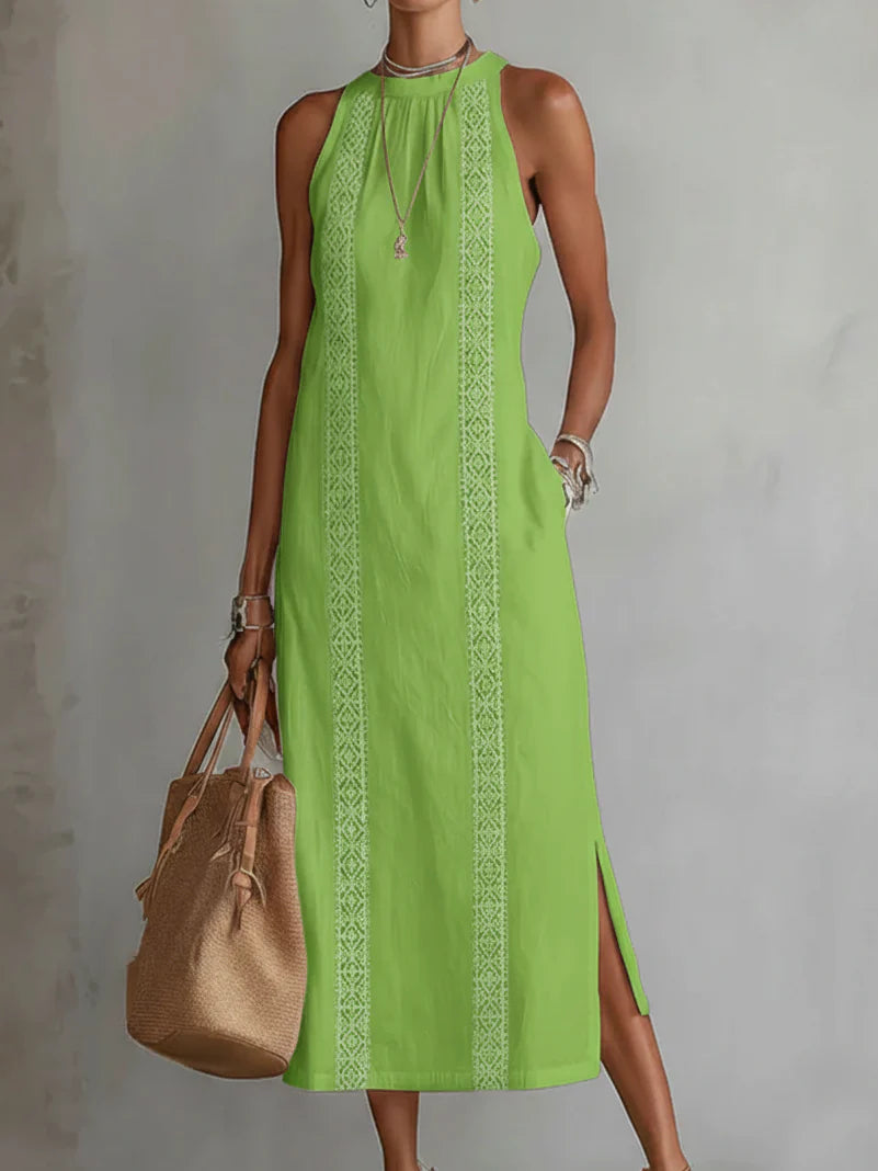 Jimena™ - Vestido Midi de Lino con Cuello Mao