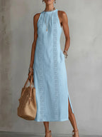 Jimena™ - Vestido Midi de Lino con Cuello Mao