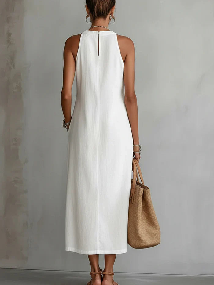 Jimena™ - Vestido Midi de Lino con Cuello Mao