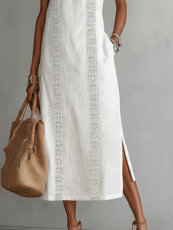 Jimena™ - Vestido Midi de Lino con Cuello Mao