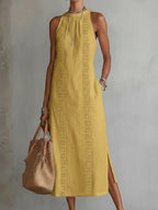 Jimena™ - Vestido Midi de Lino con Cuello Mao