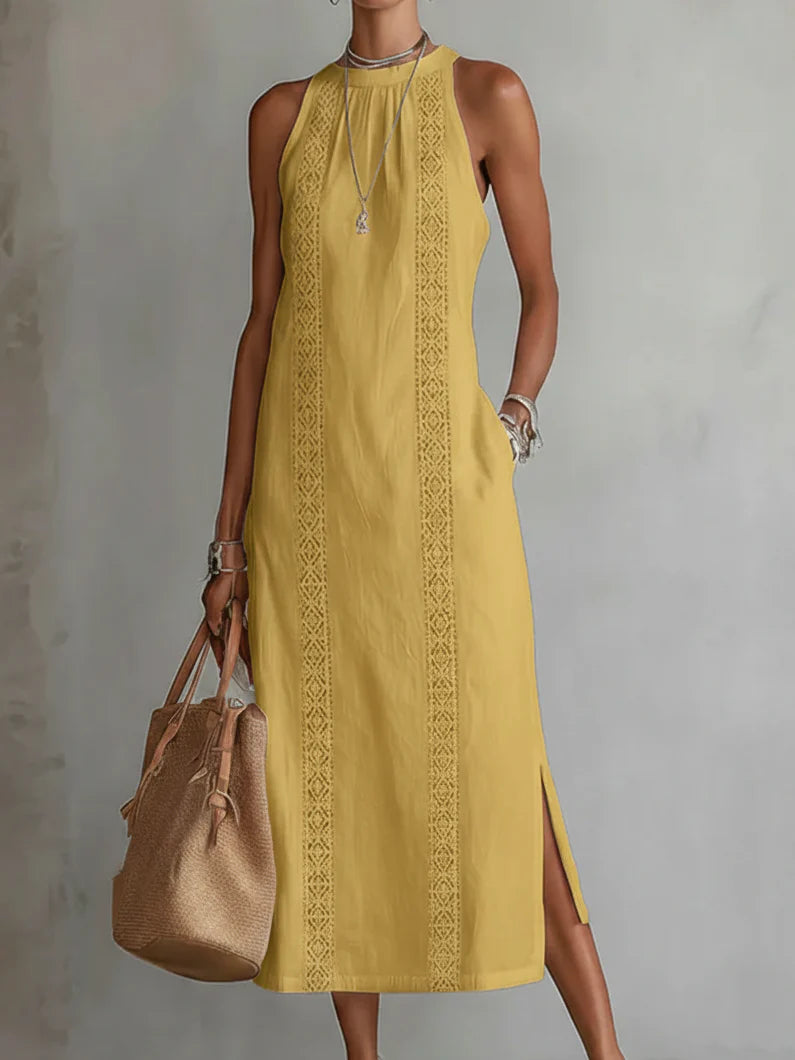 Jimena™ - Vestido Midi de Lino con Cuello Mao