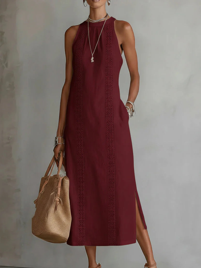 Jimena™ - Vestido Midi de Lino con Cuello Mao