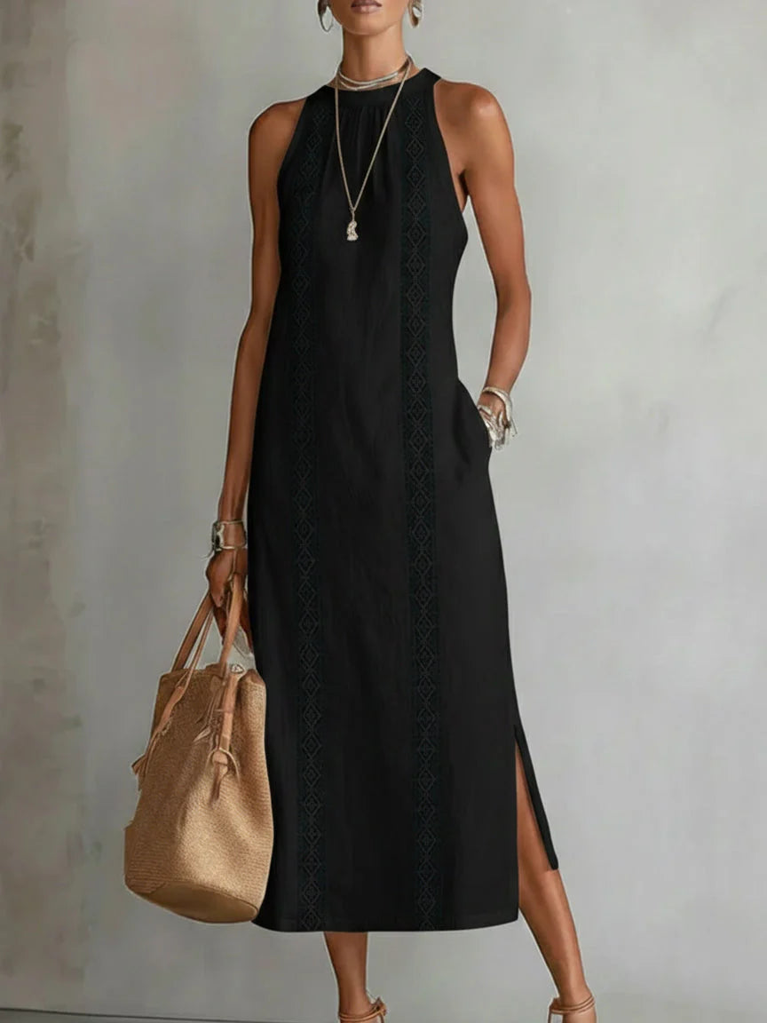 Jimena™ - Vestido Midi de Linho com Gola Mao