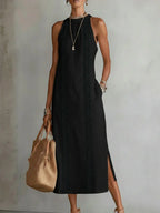 Jimena™ - Vestido Midi de Lino con Cuello Mao