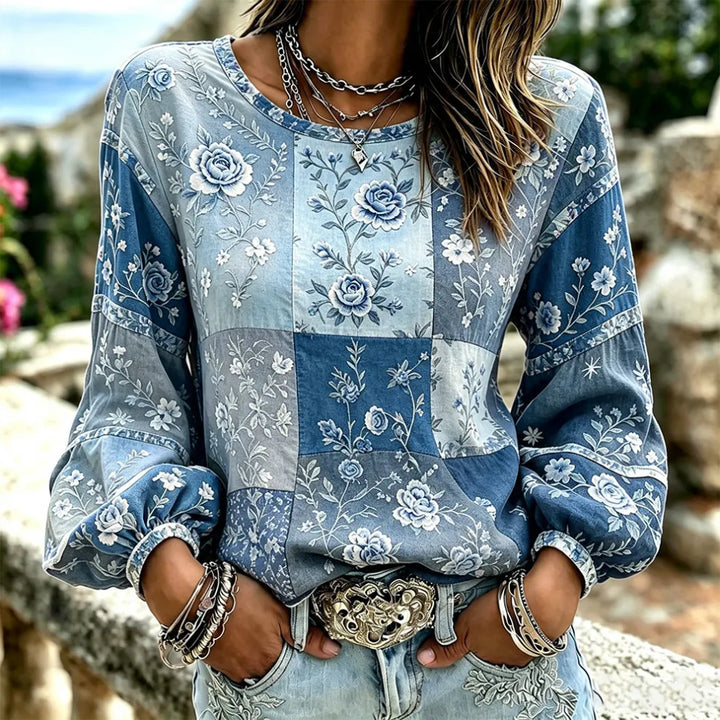 Top Lino Vintage Patchwork Floral Rosa - Cuello Redondo Manga Larga