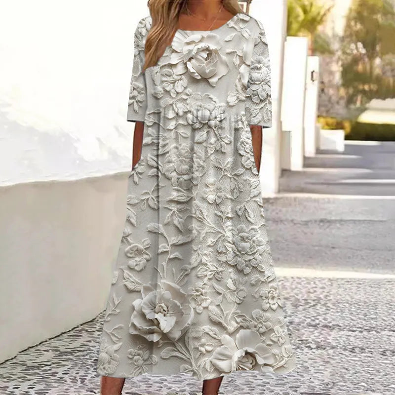 Vestido Maxi Elegante de Lino con Encaje Floral Bordado