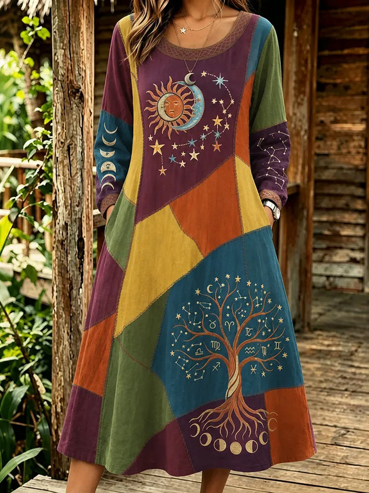 Vestido Midi Retro Patchwork - Estampado Árbol De La Vida, Sol, Luna Y Estrellas