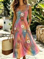 Vestido casual sin mangas con estampado floral hippie y símbolo de la paz