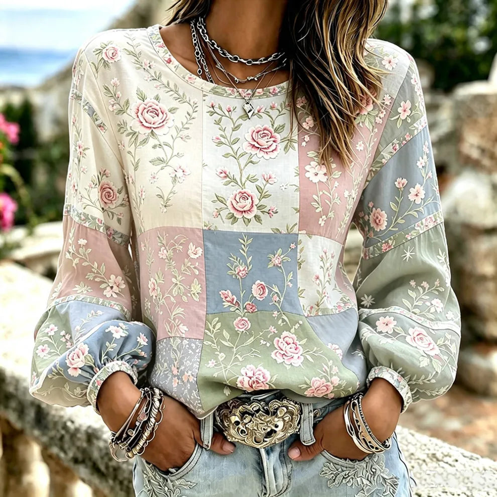 Top Lino Vintage Patchwork Floral Rosa - Cuello Redondo Manga Larga