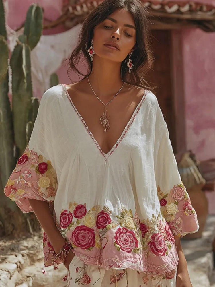- CAMISETA LINO BORDADO FLORAL ART VINTAGE
