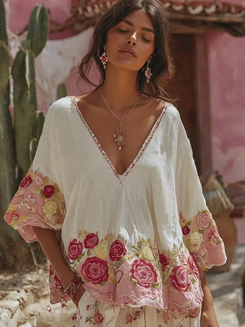 - CAMISETA LINO BORDADO FLORAL ART VINTAGE