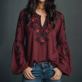 TOP DE LINO CON ESTAMPADO FLORAL ARTÍSTICO y MANGA CAMPANA
