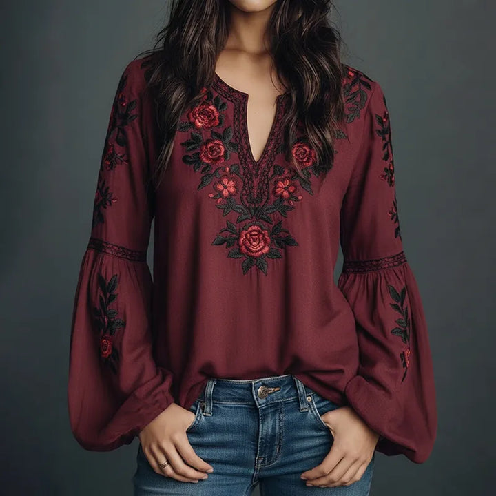 Top de Linho com Estampado Floral Artístico e Manga Sino
