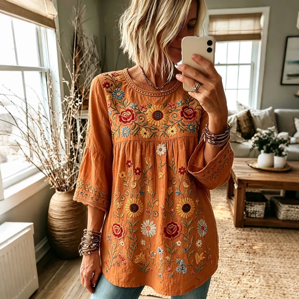 TOP CASUAL DE MEZCLA DE LINO CON ESTAMPADO FLORAL VINTAGE y MANGA TRES CUARTOS
