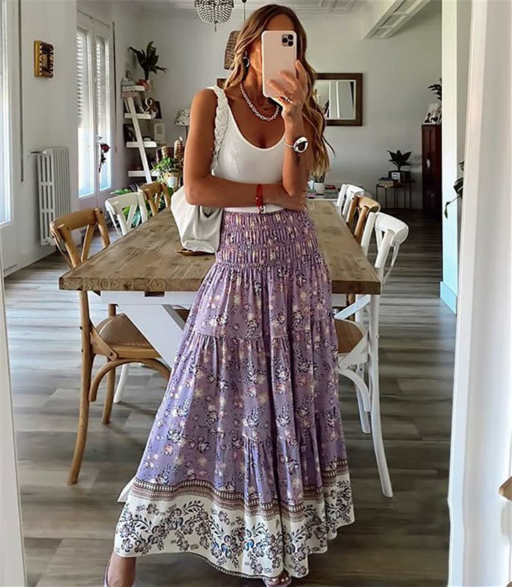 Boho Tiered Midi Skirt with Elastic Waist and Lightweight Fabric