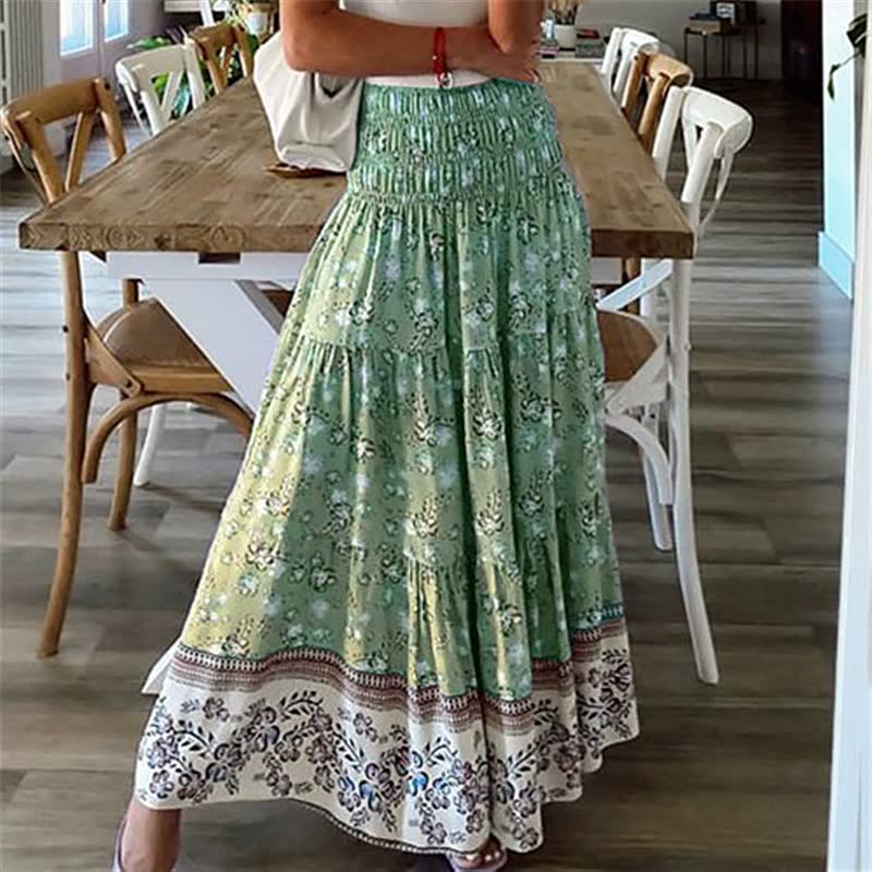 Boho Tiered Midi Skirt with Elastic Waist and Lightweight Fabric