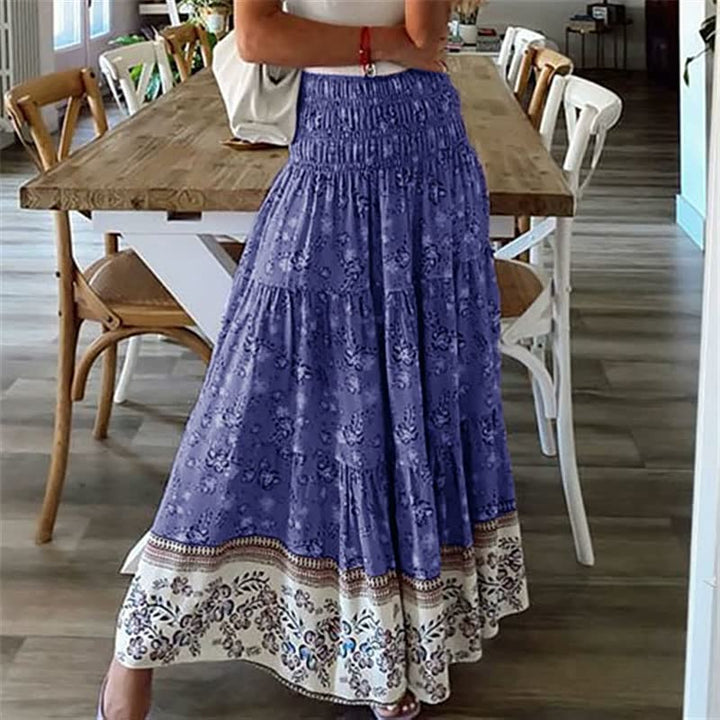Boho Tiered Midi Skirt with Elastic Waist and Lightweight Fabric
