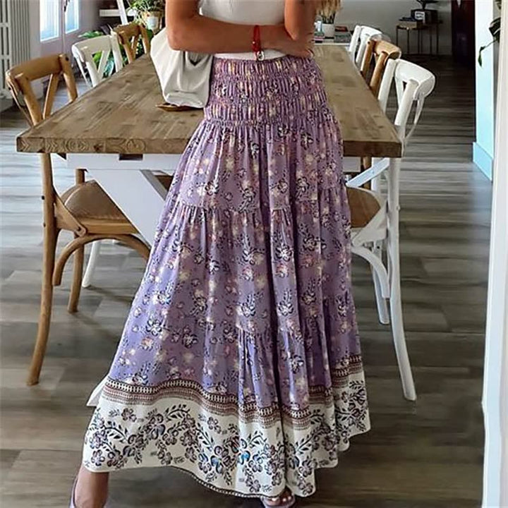 Boho Tiered Midi Skirt with Elastic Waist and Lightweight Fabric
