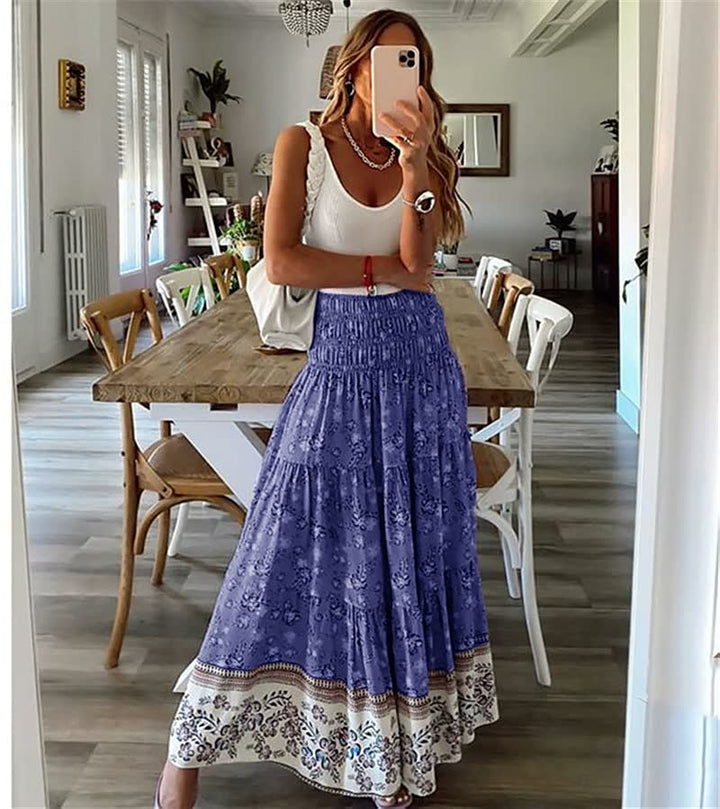 Boho Tiered Midi Skirt with Elastic Waist and Lightweight Fabric