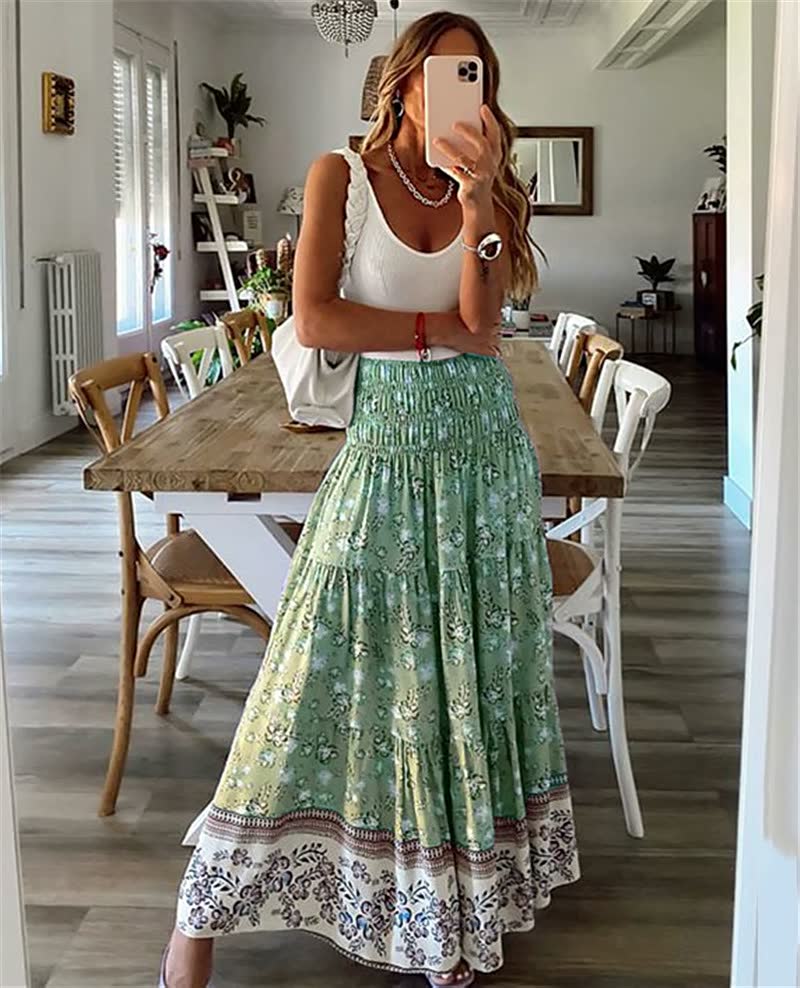 Boho Tiered Midi Skirt with Elastic Waist and Lightweight Fabric