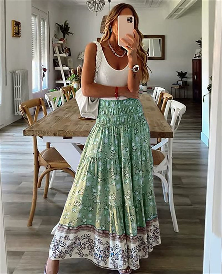 Boho Tiered Midi Skirt with Elastic Waist and Lightweight Fabric